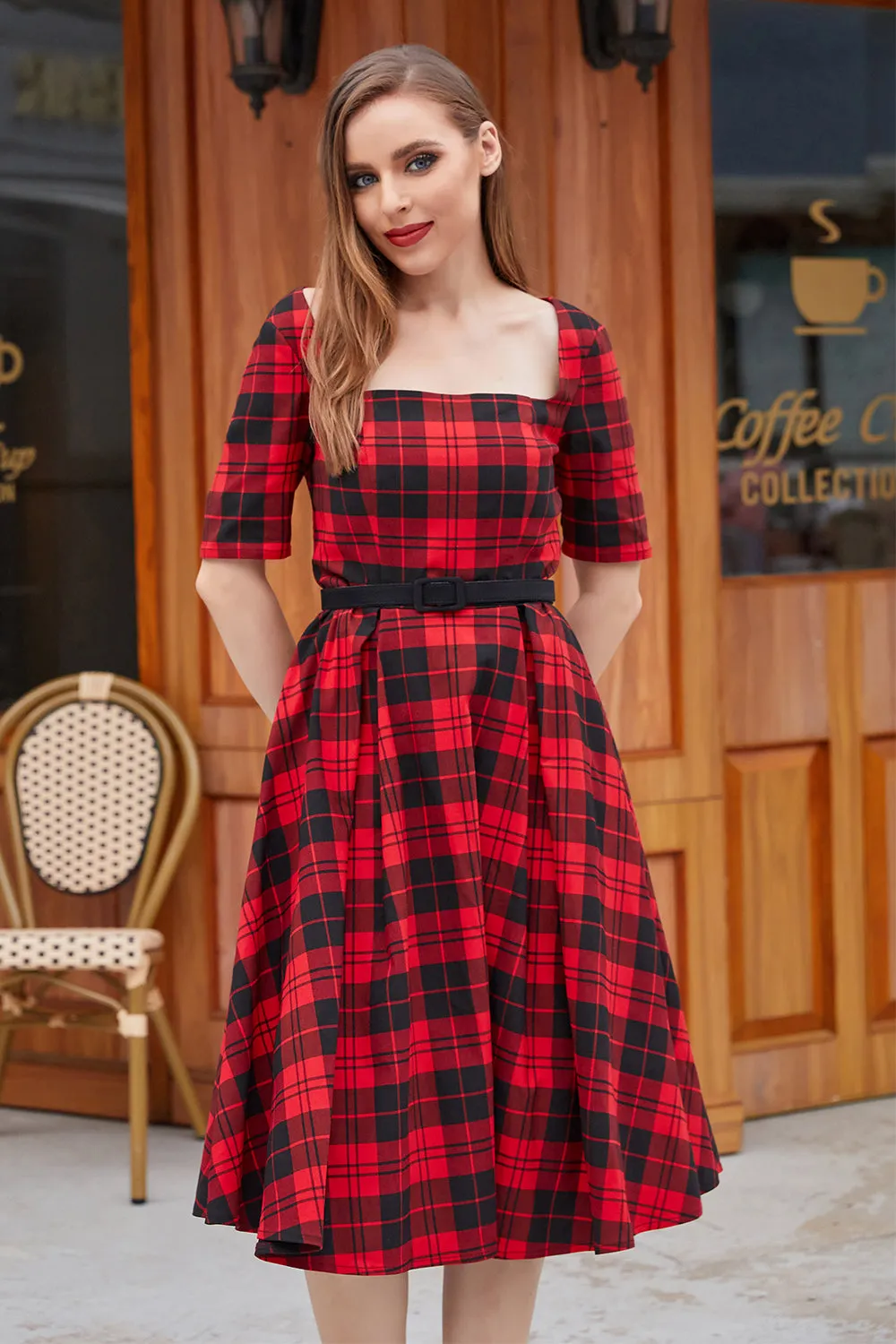 Red Plaid Square Neck 1950s Dress sold by Zapaka