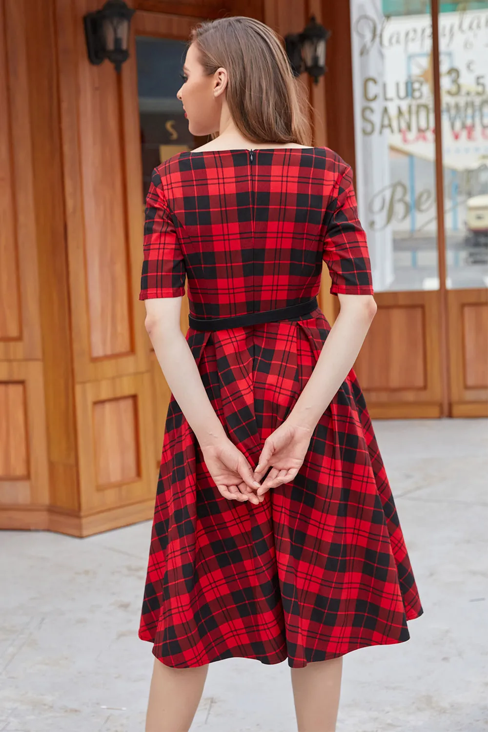 Red Plaid Square Neck 1950s Dress sold by Zapaka product image thumbnail 2