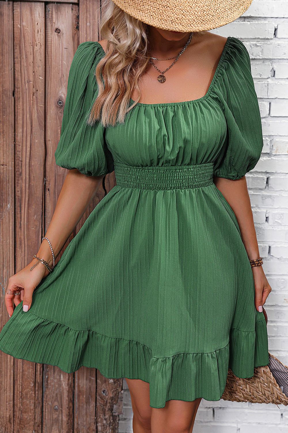 Green Puff Sleeves Square Neck Short Summer Dress sold by Zapaka