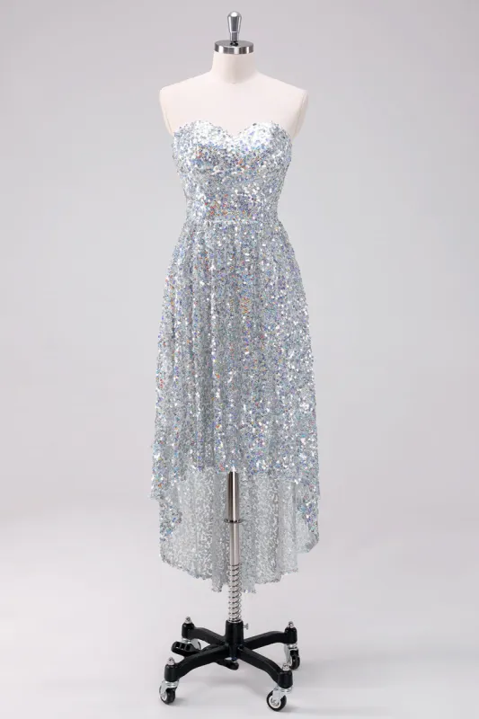 Sparkly Silver Sweetheart Asymmetric Short Homecoming Dress with Sequins sold by Zapaka