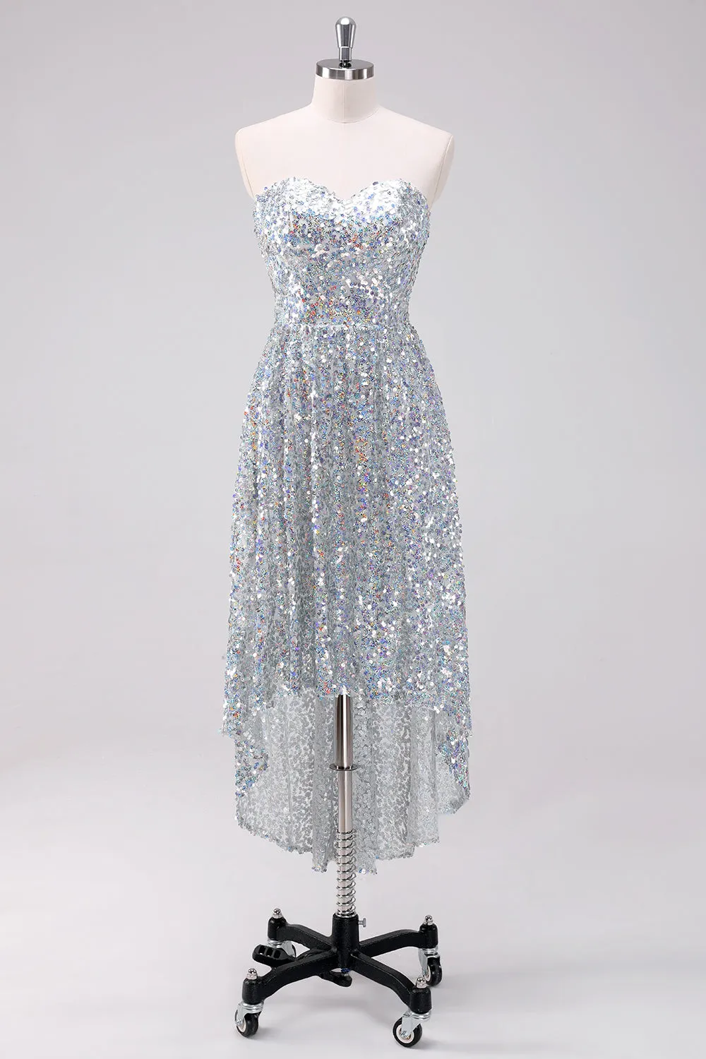 Sparkly Silver Sweetheart Asymmetric Short Homecoming Dress with Sequins sold by Zapaka