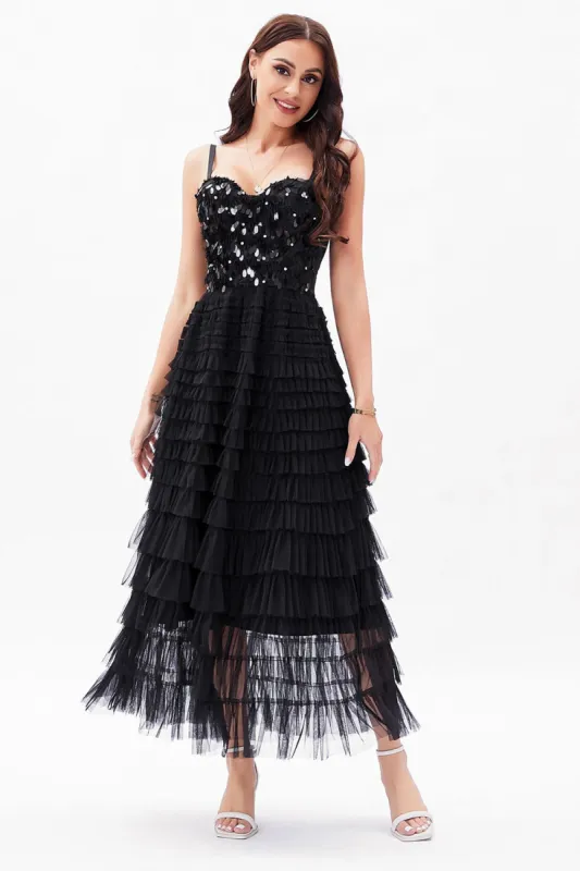Black A-Line Tulle Tiered Corset Party Dress sold by Zapaka