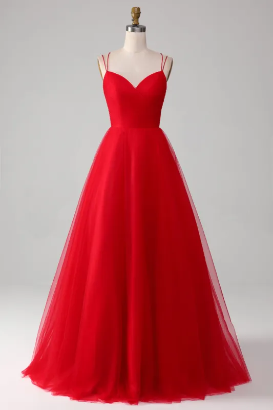 Spaghetti Straps A-Line Red Long Prom Dress wth Cross Criss Back sold by Zapaka