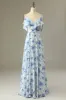 A Line Off the Shoulder Blue Floral Print Long Bridesmaid Dress sold by Zapaka