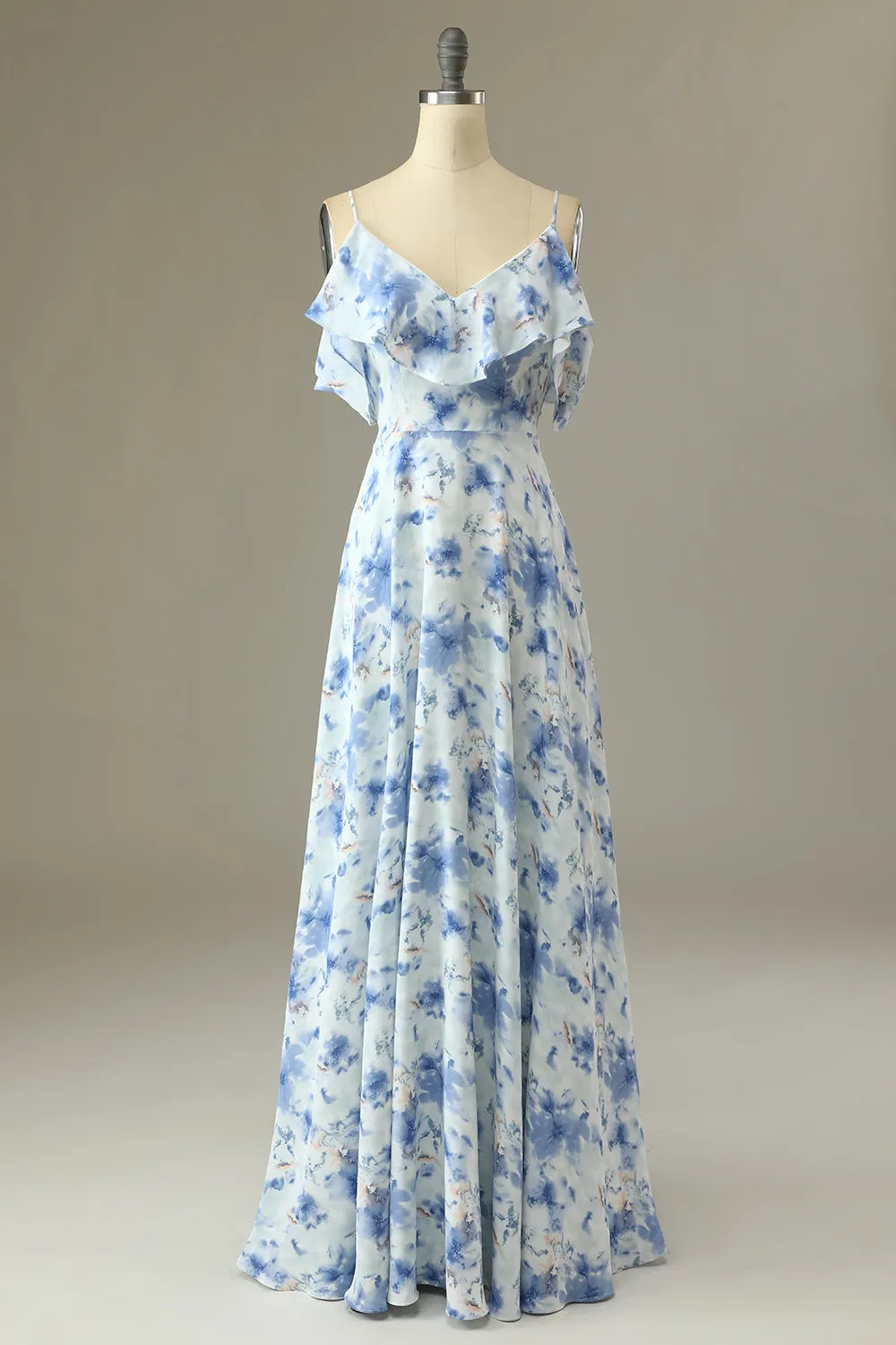 A Line Off the Shoulder Blue Floral Print Long Bridesmaid Dress sold by Zapaka product image thumbnail 3