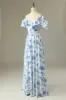 A Line Off the Shoulder Blue Floral Print Long Bridesmaid Dress sold by Zapaka