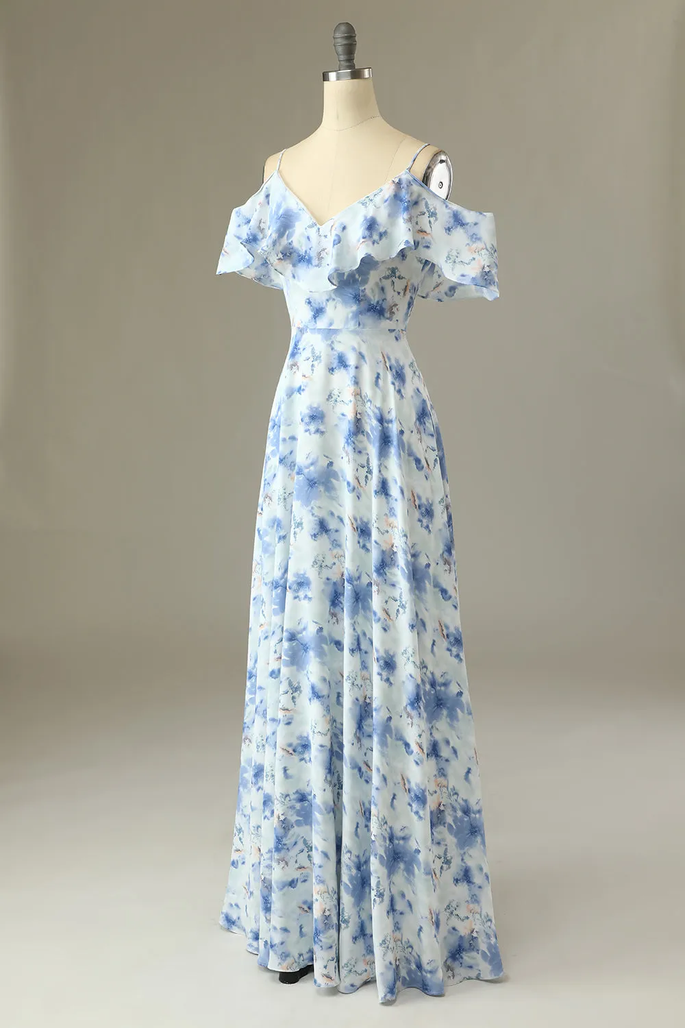 A Line Off the Shoulder Blue Floral Print Long Bridesmaid Dress sold by Zapaka product image thumbnail 4