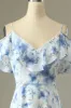 A Line Off the Shoulder Blue Floral Print Long Bridesmaid Dress sold by Zapaka