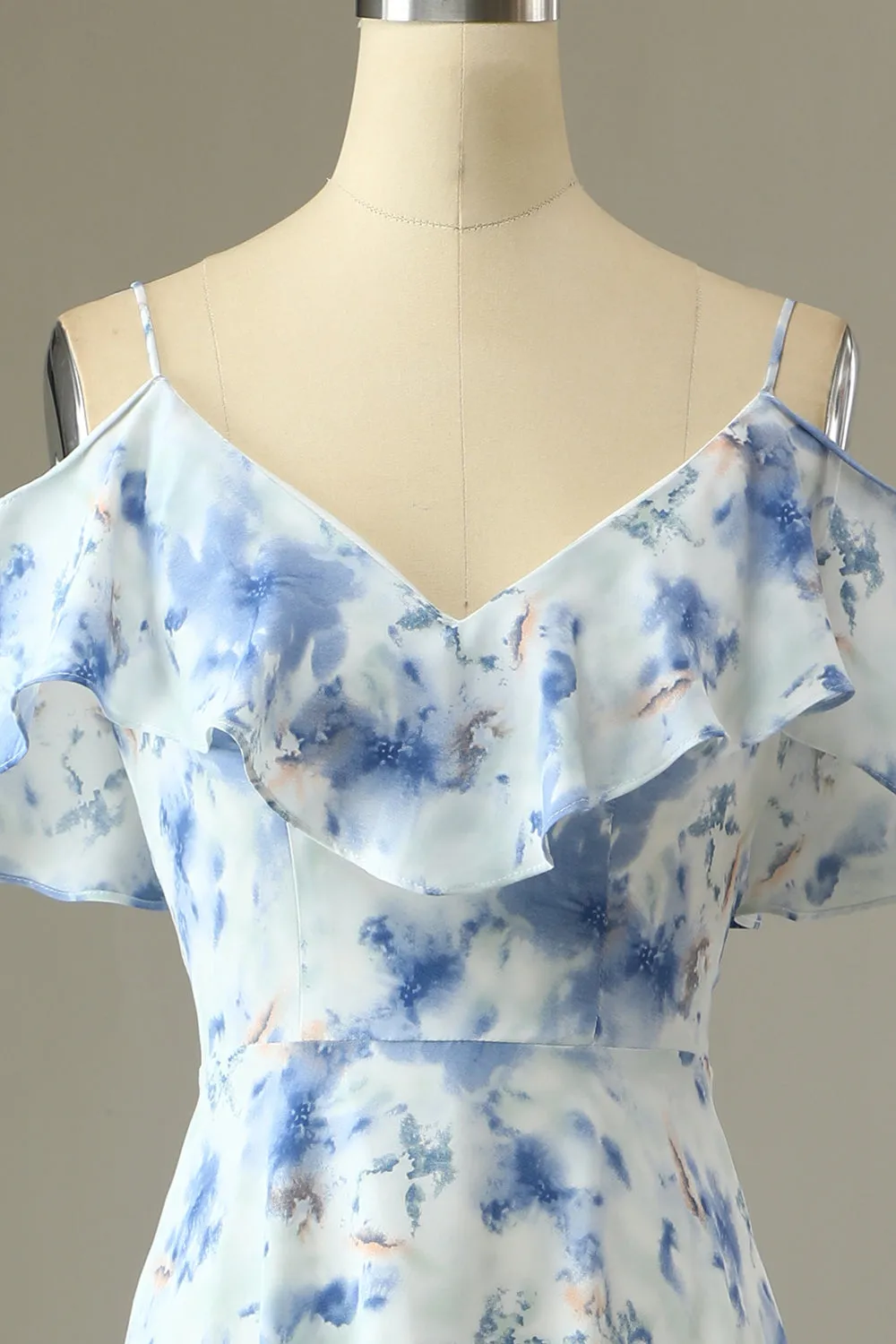 A Line Off the Shoulder Blue Floral Print Long Bridesmaid Dress sold by Zapaka product image thumbnail 5