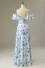 A Line Off the Shoulder Blue Floral Print Long Bridesmaid Dress sold by Zapaka