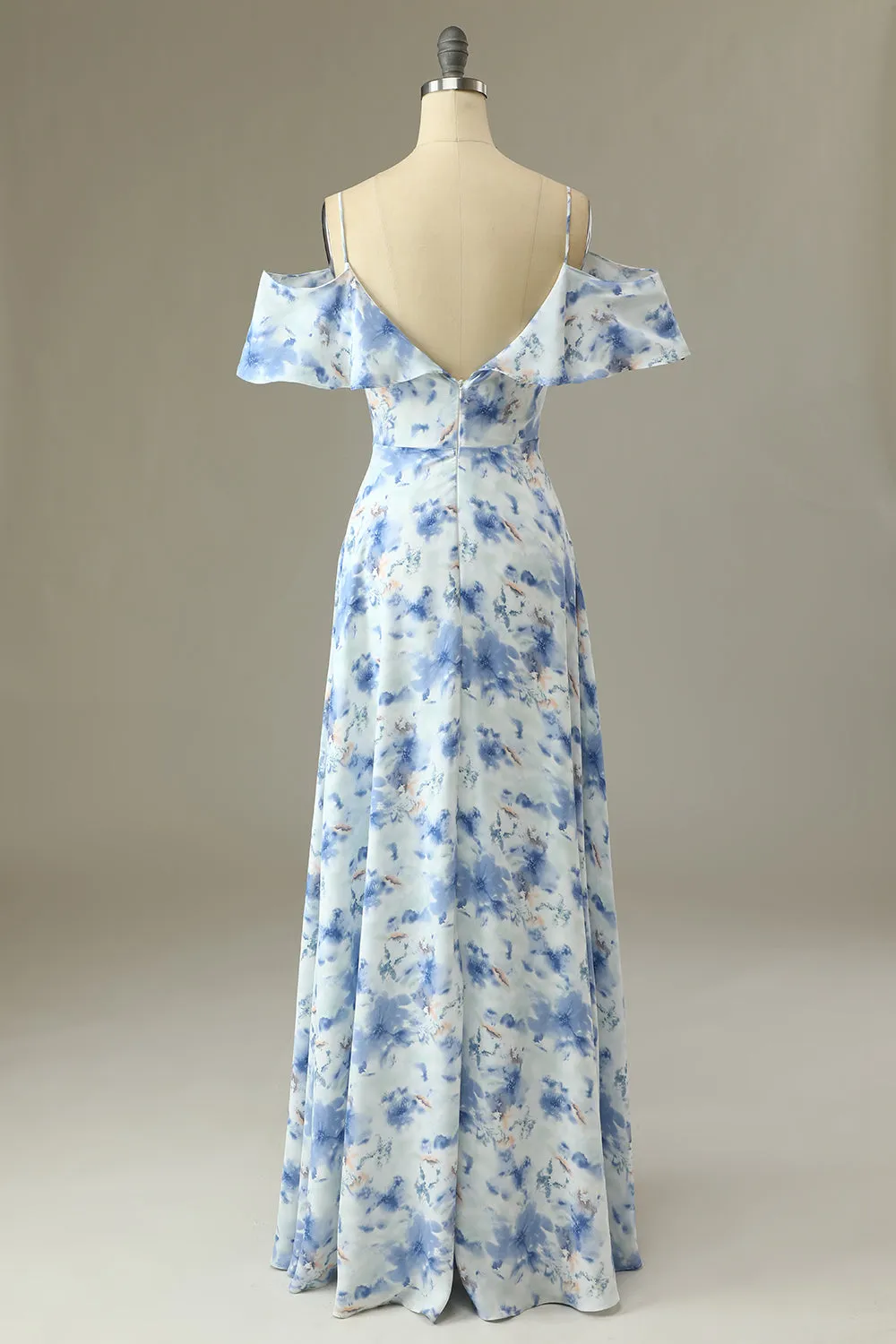 A Line Off the Shoulder Blue Floral Print Long Bridesmaid Dress sold by Zapaka product image thumbnail 2