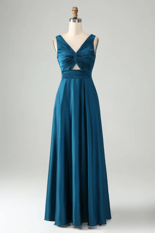 Ink Blue A Line V Neck Keyhole Long Bridesmaid Dress sold by Zapaka