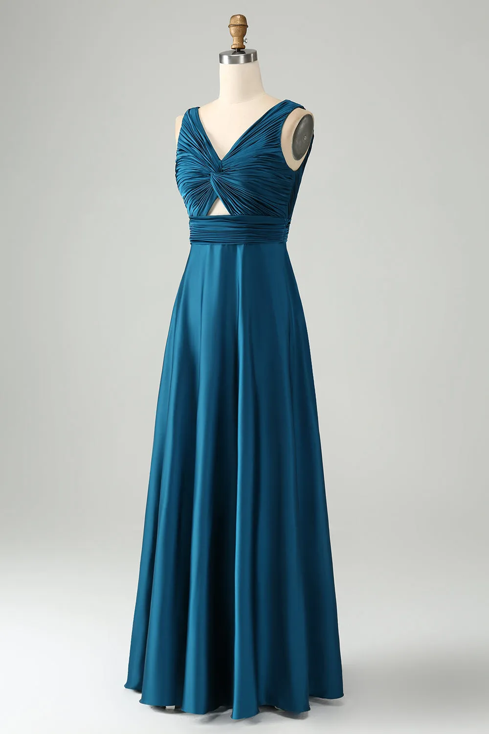 Ink Blue A Line V Neck Keyhole Long Bridesmaid Dress sold by Zapaka product image thumbnail 3
