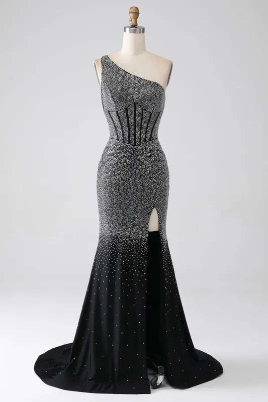 Sparkly Black Mermaid One Shoulder Corset Prom Dress sold by Zapaka
