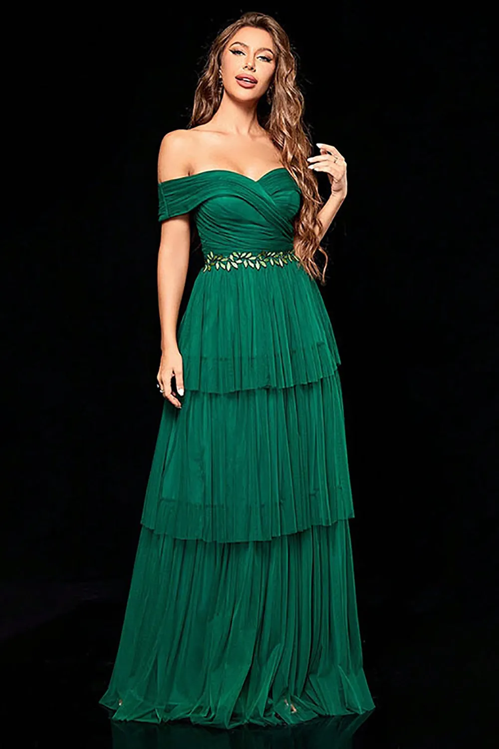 Off the Shoulder Dark Green Tiered Prom Dress with Ruffles sold by Zapaka product image thumbnail 3