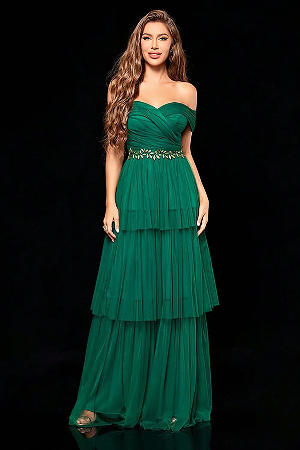 Off the Shoulder Dark Green Tiered Prom Dress with Ruffles sold by Zapaka product image thumbnail 4