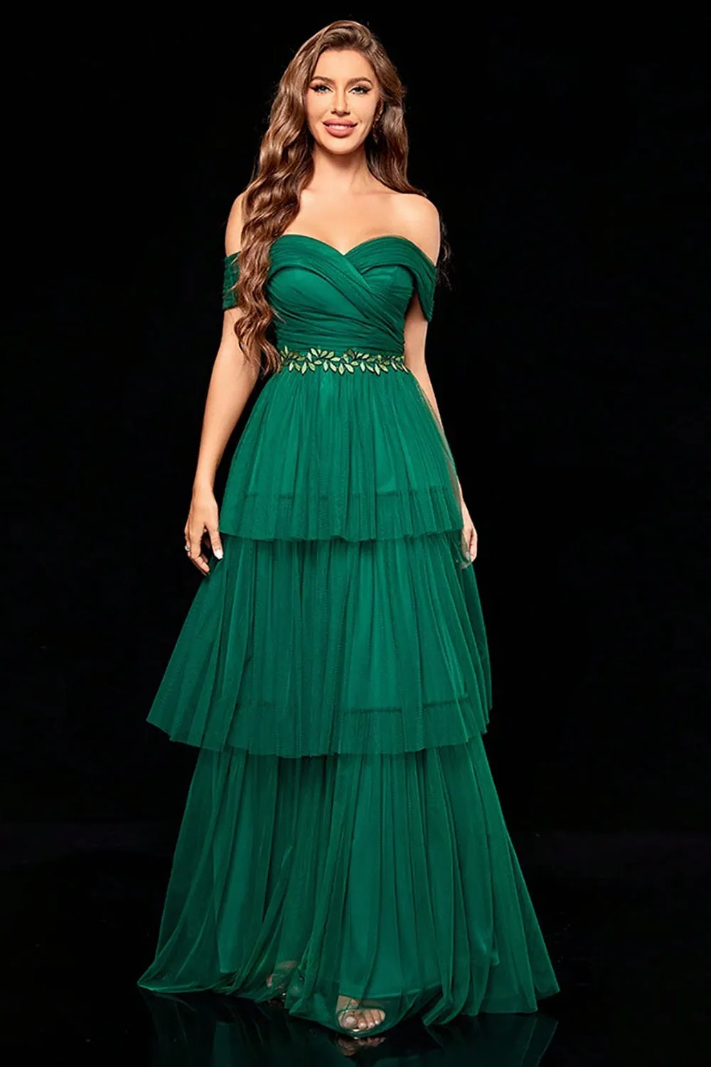 Off the Shoulder Dark Green Tiered Prom Dress with Ruffles sold by Zapaka