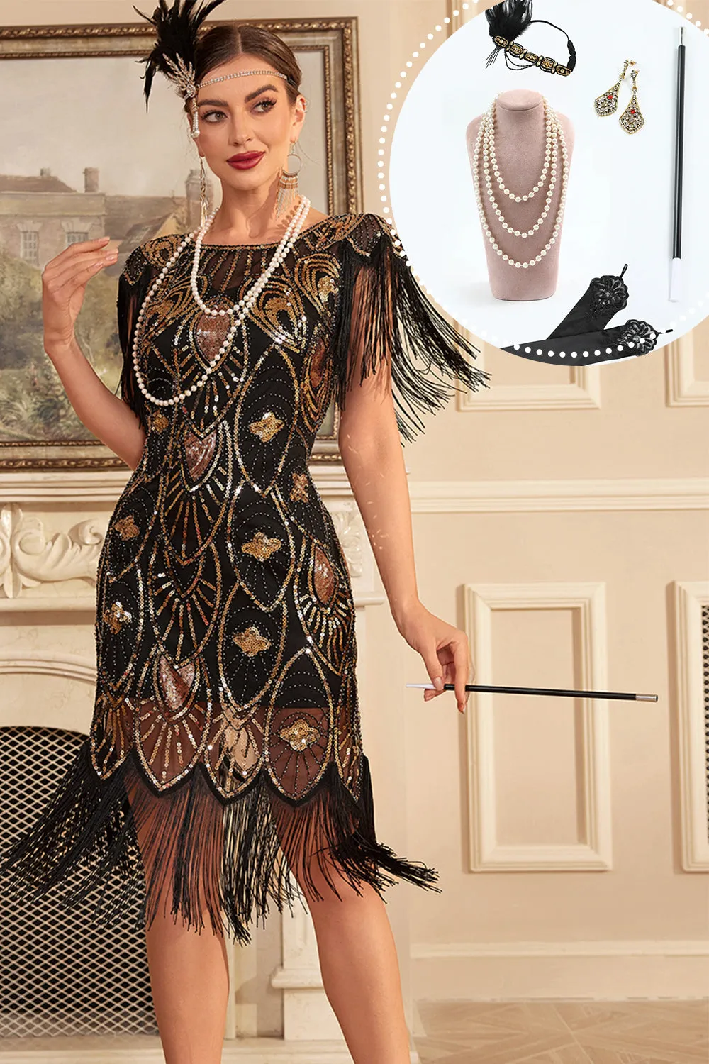 Black Golden Sequins Fringe 1920s Flapper Dress with 20s Accessories Set sold by Zapaka