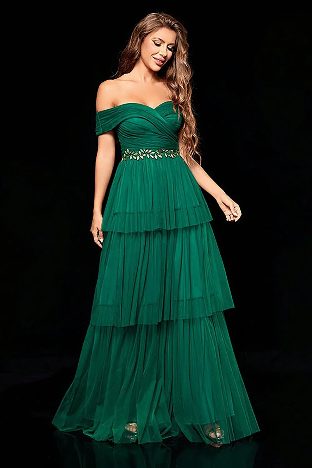 Off the Shoulder Dark Green Tiered Prom Dress with Ruffles sold by Zapaka product image thumbnail 5