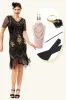 Black and Golden Short Sleeves Sequined Fringes 1920s Gatsby Flapper Dress with 20s Accessories Set sold by Zapaka