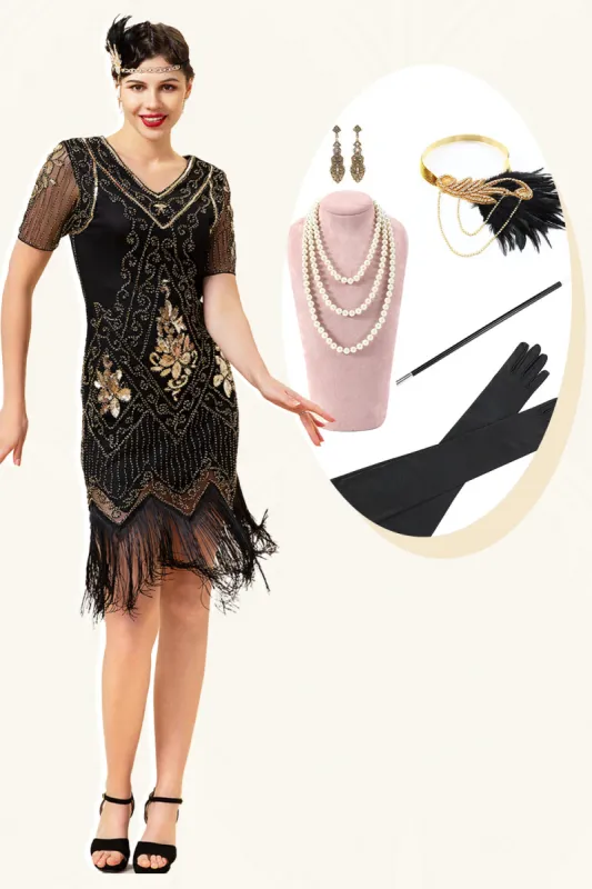 Black and Golden Short Sleeves Sequined Fringes 1920s Gatsby Flapper Dress with 20s Accessories Set sold by Zapaka