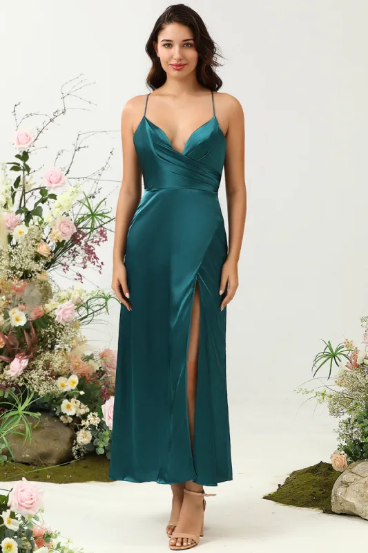 A Line Spaghetti Straps Dark Green Plus Size Bridesmaid Dress with Backless sold by Zapaka
