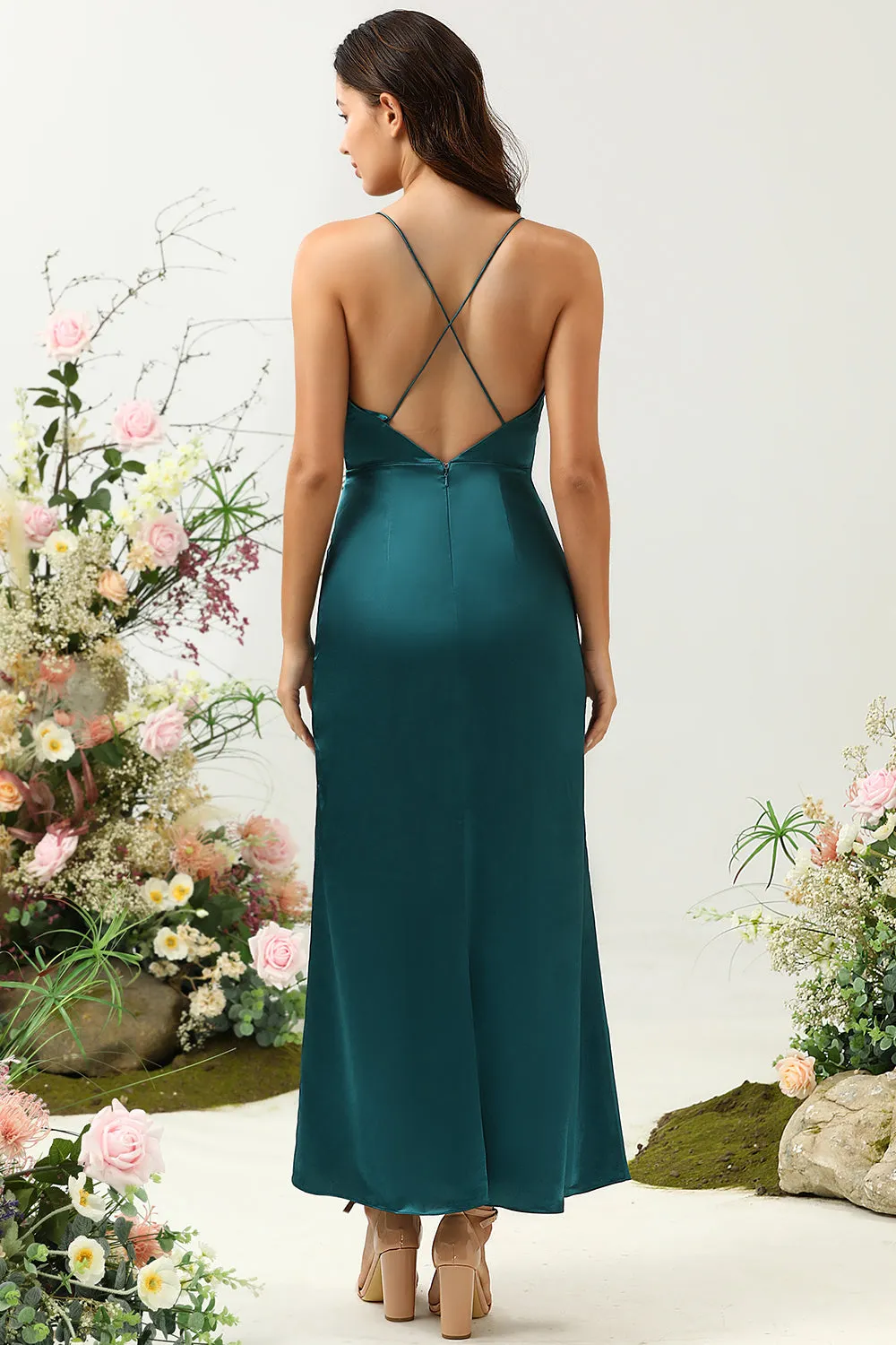 A Line Spaghetti Straps Dark Green Plus Size Bridesmaid Dress with Backless sold by Zapaka product image thumbnail 2