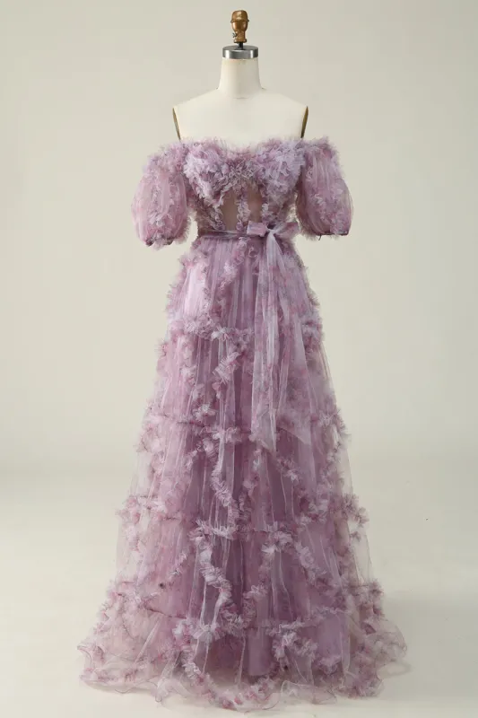 A Line Off the Shoulder Purple Long Prom Dress with Printing sold by Zapaka