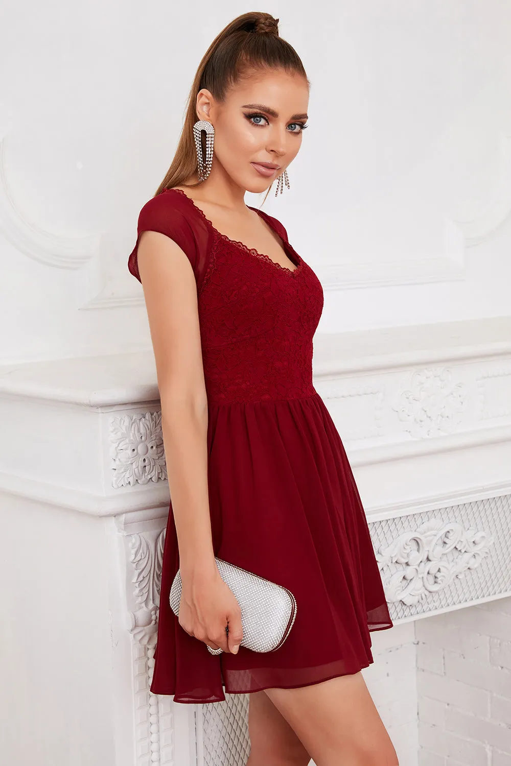 Burgundy Lace Short Cocktail Dress sold by Zapaka product image thumbnail 4