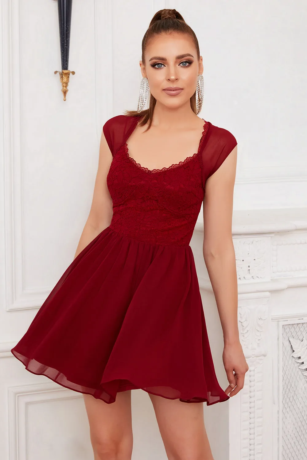 Burgundy Lace Short Cocktail Dress sold by Zapaka