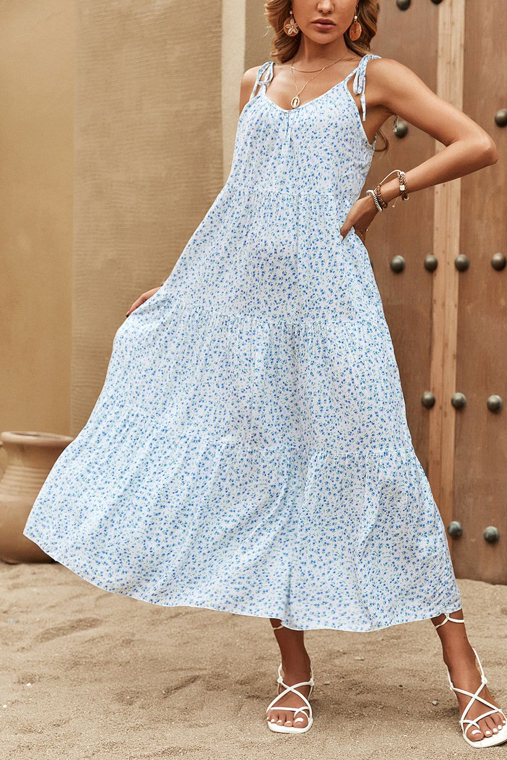 Blue Spaghetti Straps Floral Printed Long Summer Dress sold by Zapaka product image thumbnail 4