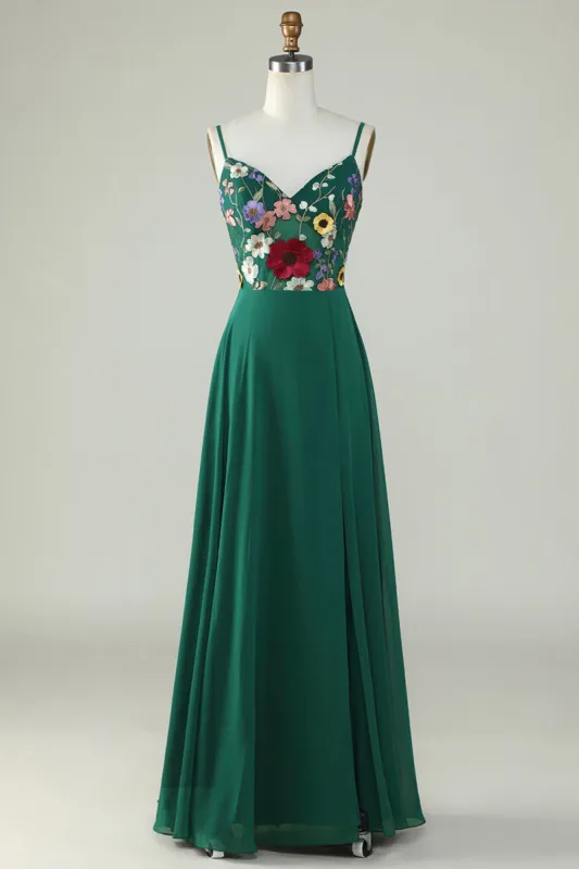 A-Line Spaghetti Straps Dark Green Long Bridesmaid Dress with 3D Flowers sold by Zapaka