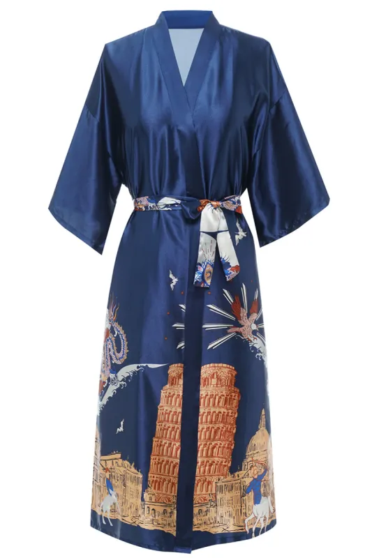 Blue Printed Bridal Satin Robe sold by Zapaka