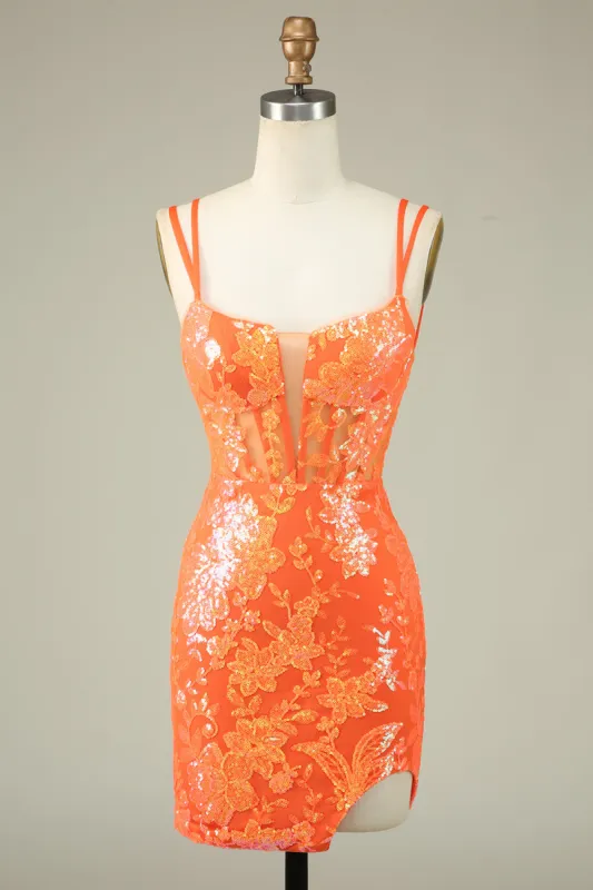 Gorgeous Orange Lace Up Tight Glittler Short Homecoming Dress with Slit sold by Zapaka