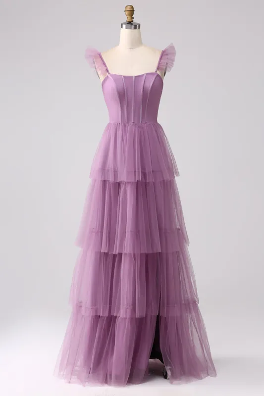 Purple A Line Tulle Tiered Pleated Long Prom Dress with Slit sold by Zapaka
