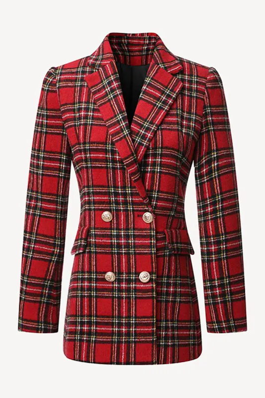Red Plaid Tweed Double Breasted Women Blazer sold by Zapaka