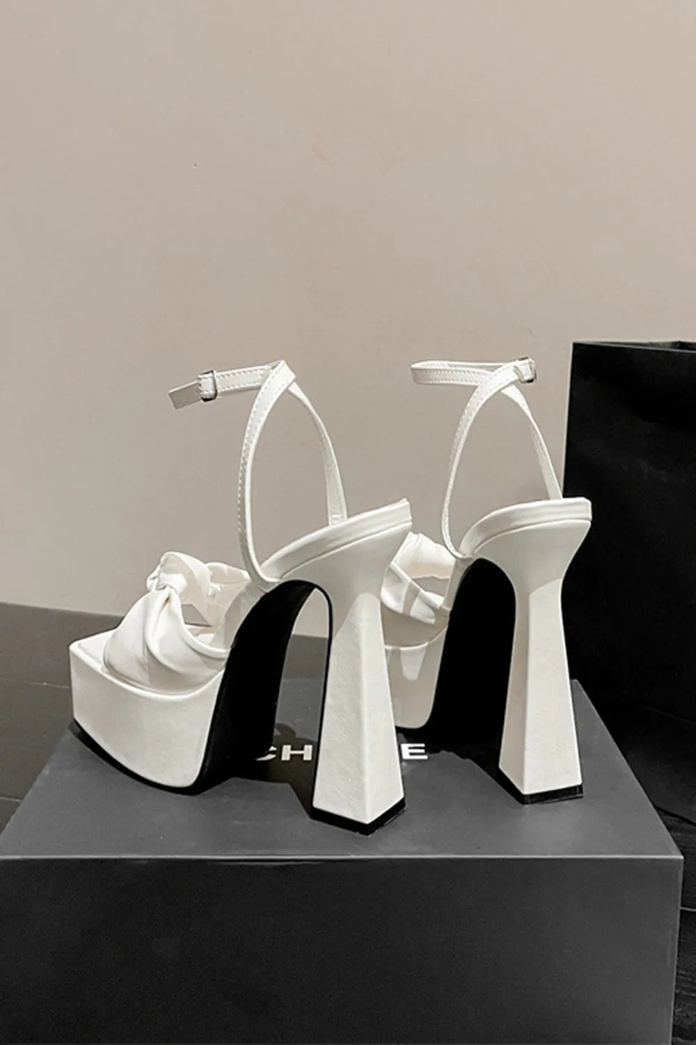 White Chunky High Heel Sandals with Bow sold by Zapaka product image thumbnail 3