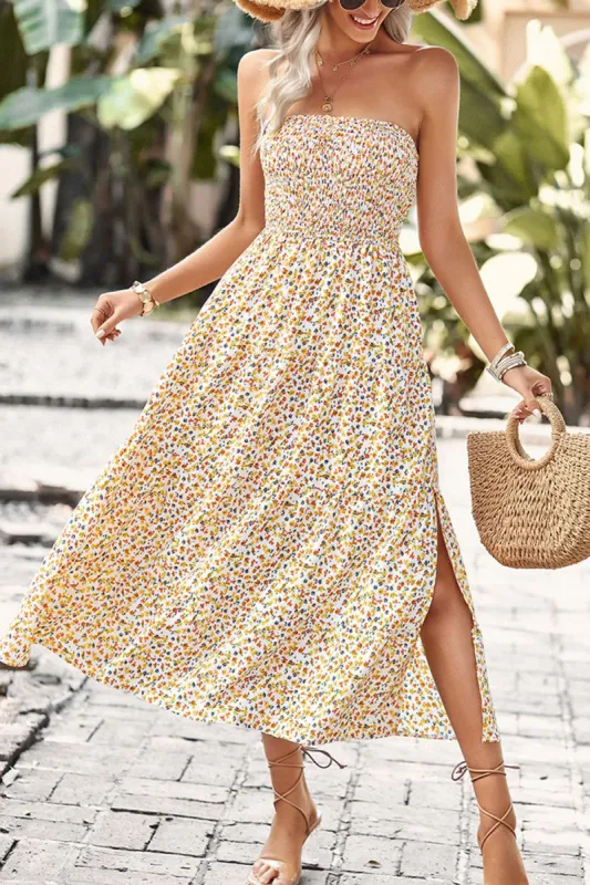 Beige Strapless Floral Printed Summer Dress With Slit sold by Zapaka