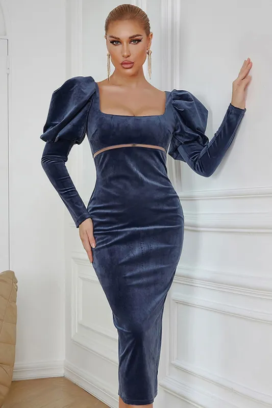 Sheath Square Neck Navy Velvet Holiday Party Dress sold by Zapaka