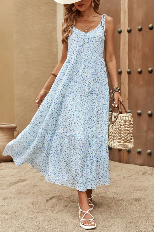 Blue Spaghetti Straps Floral Printed Long Summer Dress sold by Zapaka