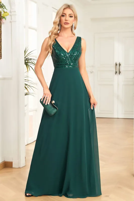 Dark Green Chiffon Formal Dress with Sequins sold by Zapaka