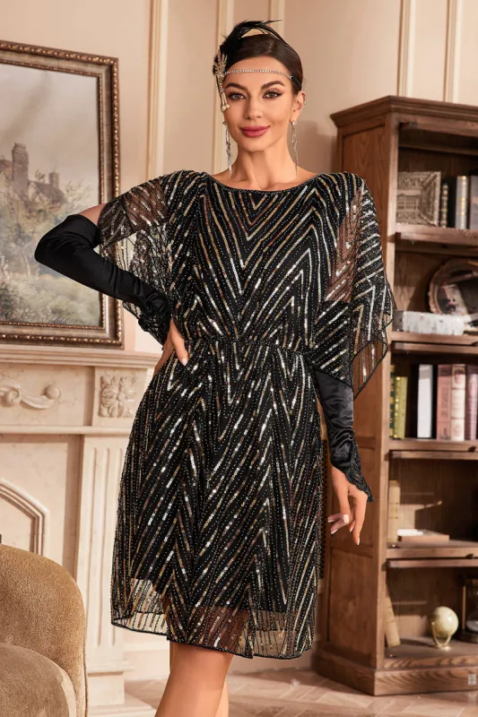 Glitter Sequins 1920s Dress with Batwing Sleeves sold by Zapaka