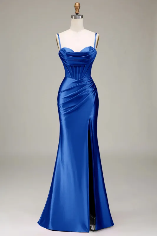 Simple Mermaid Spaghetti Straps Royal Blue Corset Prom Dress with Split Front sold by Zapaka