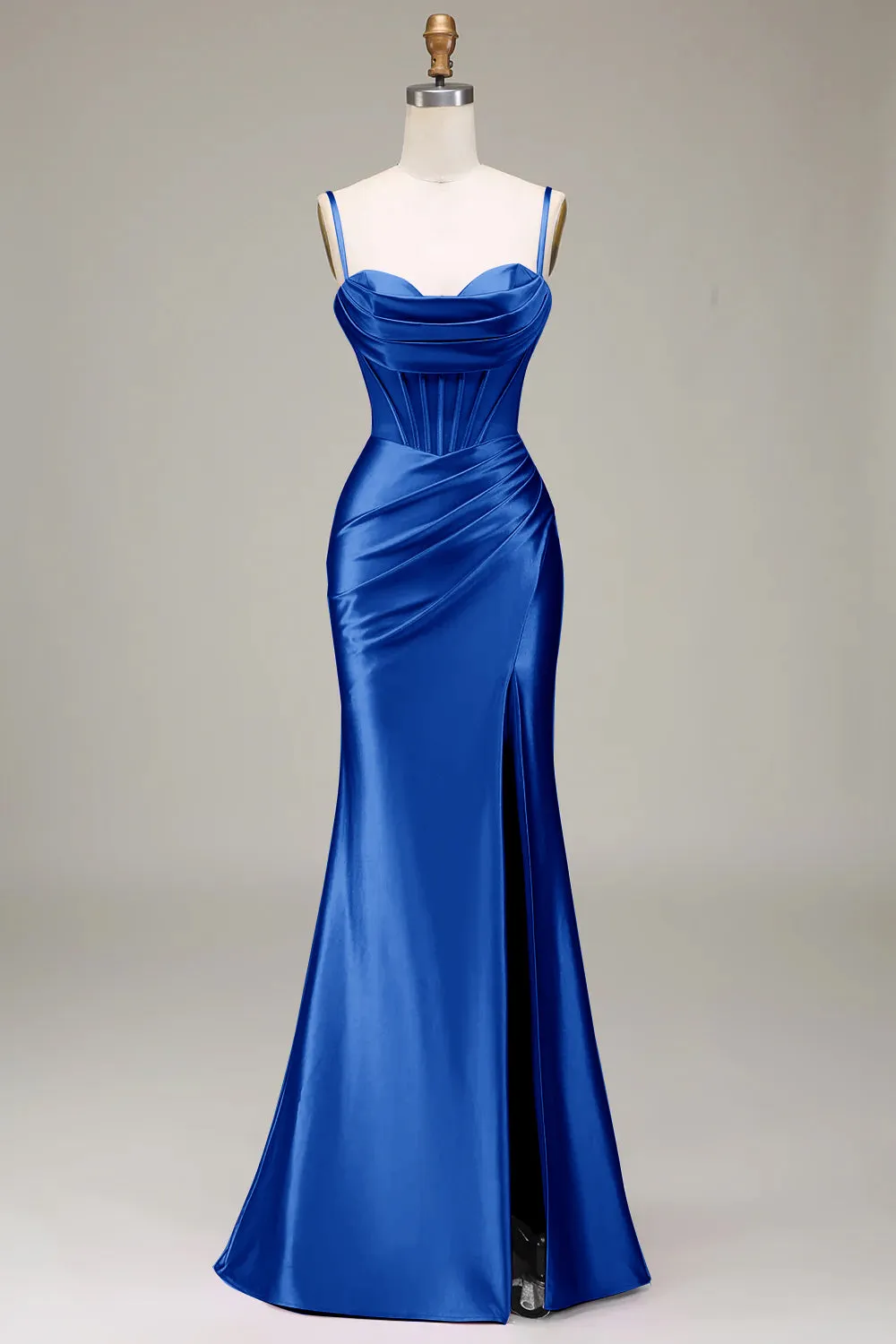 Simple Mermaid Spaghetti Straps Royal Blue Corset Prom Dress with Split Front sold by Zapaka