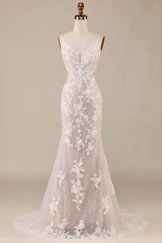 Charming Mermaid Spaghetti Straps Ivory Long Bridal Dress with Lace sold by Zapaka