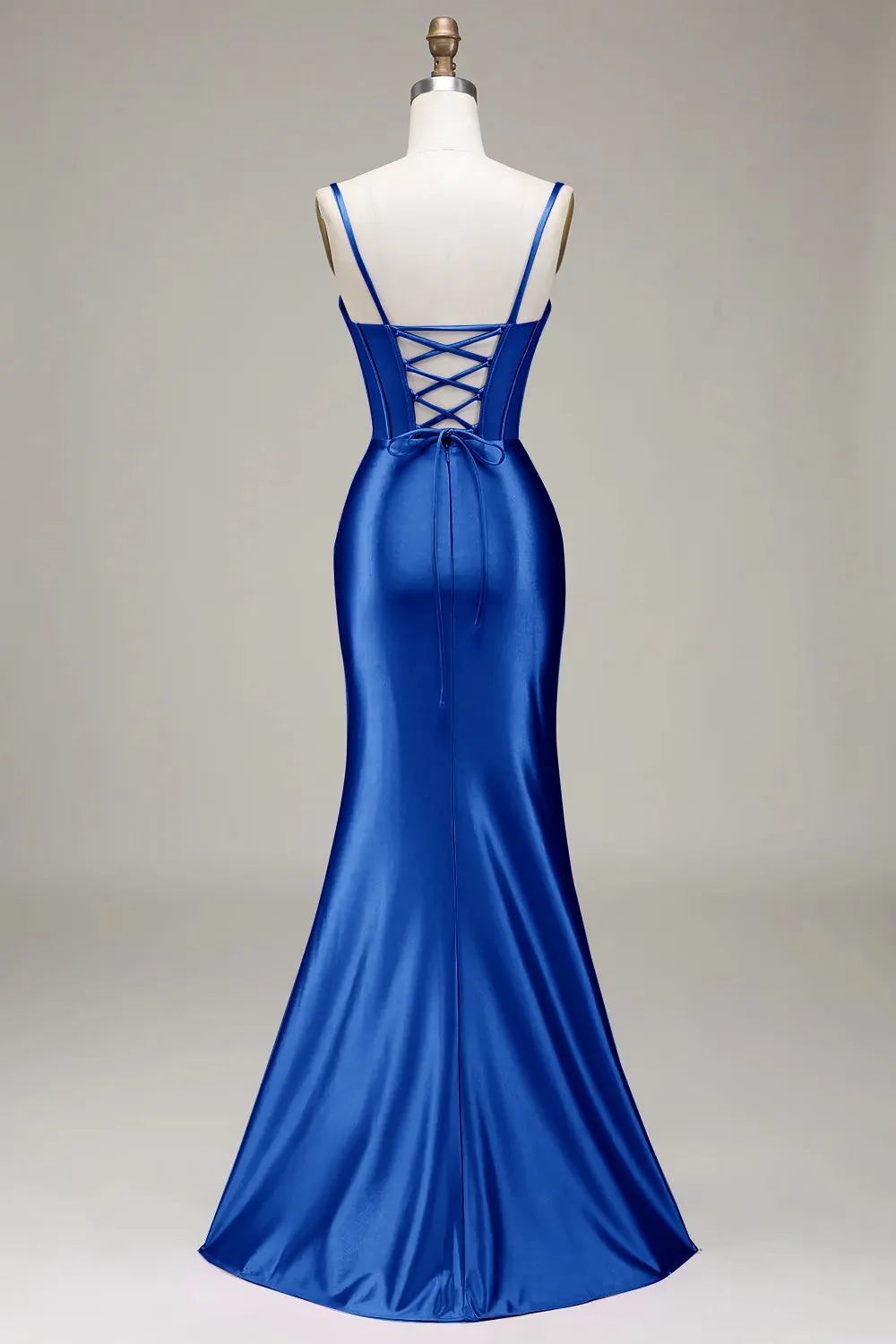 Simple Mermaid Spaghetti Straps Royal Blue Corset Prom Dress with Split Front sold by Zapaka product image thumbnail 2