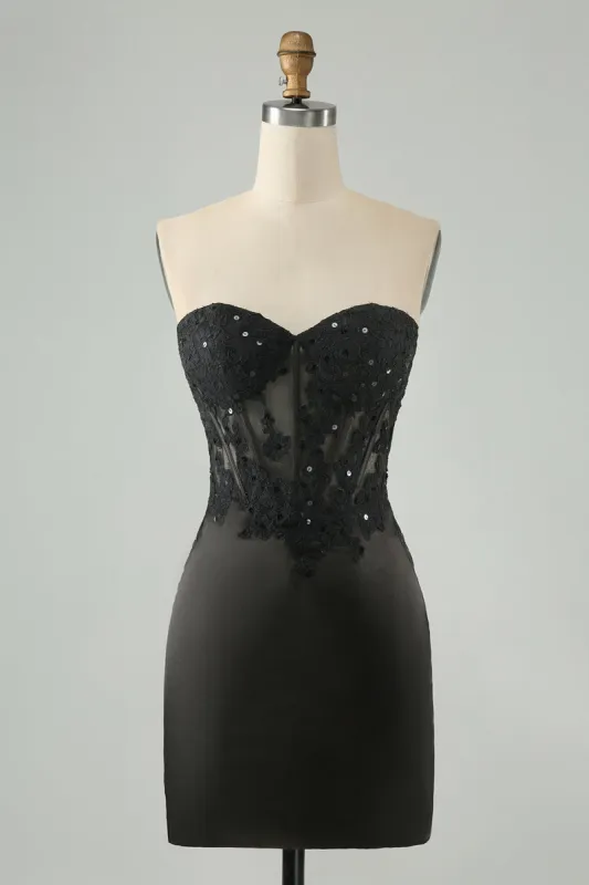 Sparkly Black Bodycon Sweetheart Corset Homecoming Dress with Appliques sold by Zapaka