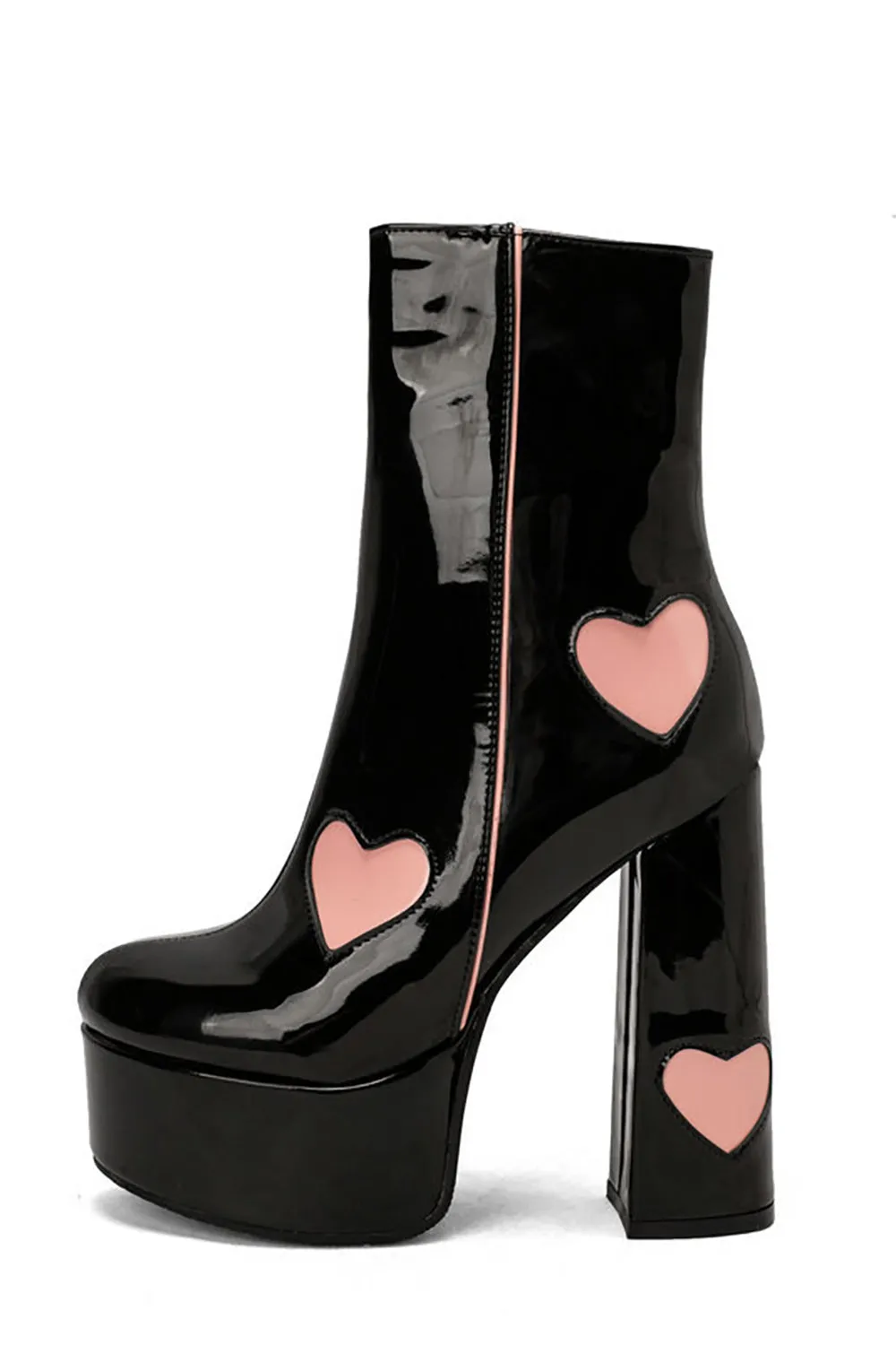Black PU Leather Platform Chunky Block High Heel Boots with Pink Hearts sold by Zapaka product image thumbnail 2