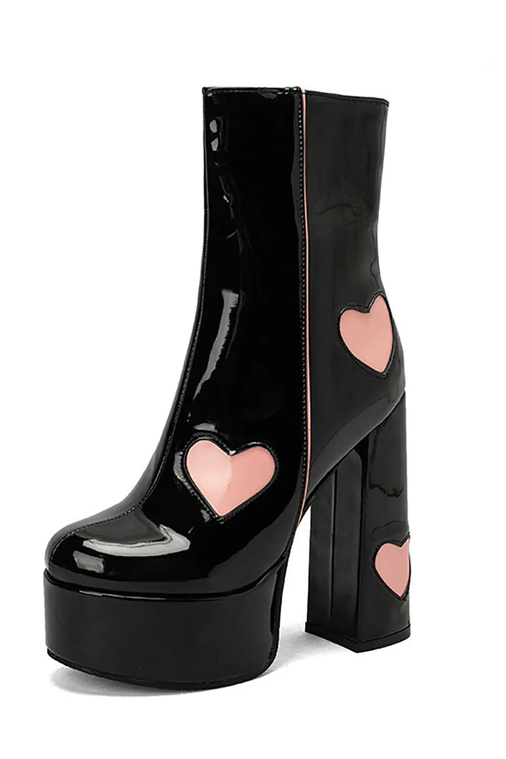 Black PU Leather Platform Chunky Block High Heel Boots with Pink Hearts sold by Zapaka product image thumbnail 3