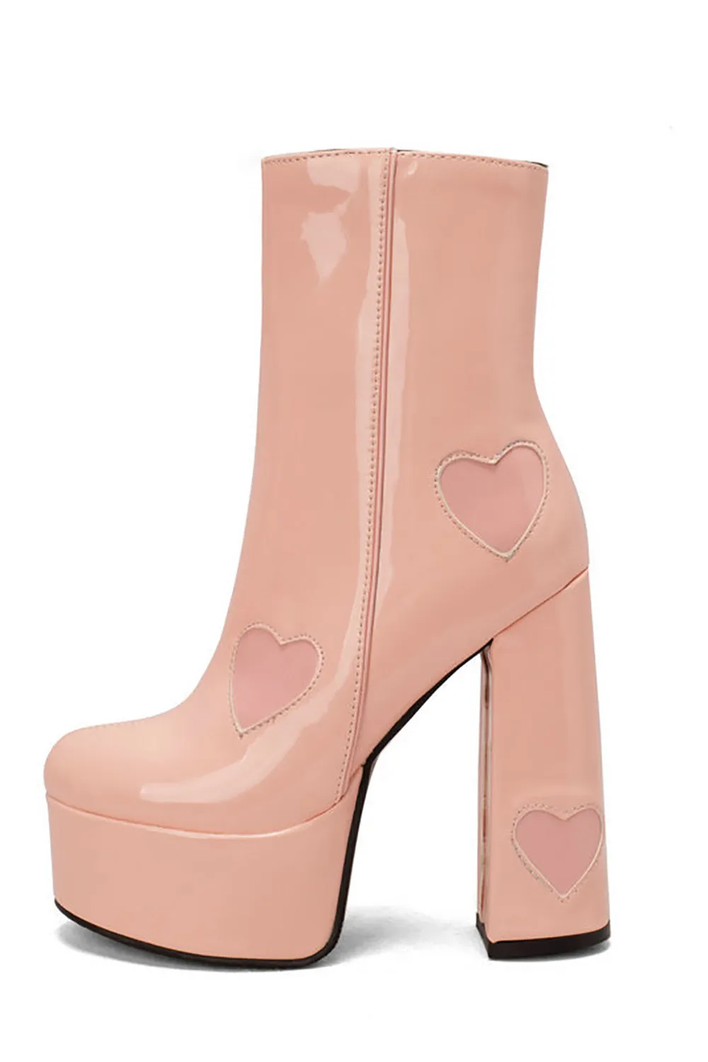 Black PU Leather Platform Chunky Block High Heel Boots with Pink Hearts sold by Zapaka product image thumbnail 4